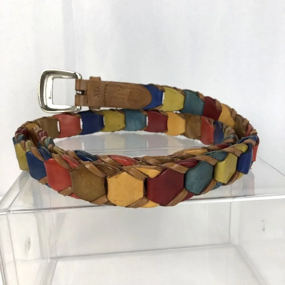 Tan Brown Multicolor Interlocking Loop Women's Belt Genuine Leather Size XL